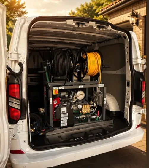 Drain cleaning van loaded with a hydro jetter and hose reels